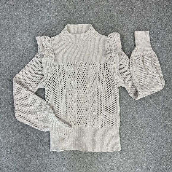 Happy Nature Ruffle Shoulder Mock Neck Open Weave Sweater Tan Beige Medium - Picture 13 of 13